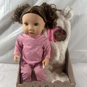 LullaBaby 14" Baby Doll with Wavy Brown Hair & Brown Eyes with Cuddler Wrap : ,